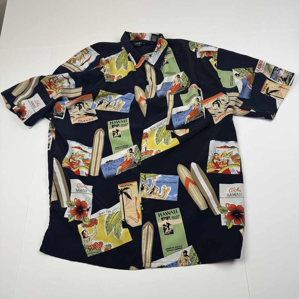 Box Office Island Shirt Mens Large Navy Hawaiian Surf Print Short Sleeve Aloha